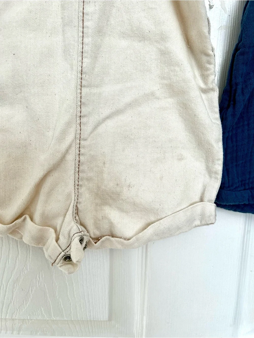 Old Navy Set of 2 Overall Shorts Romper 6-12 mo- Cream Chambray and Blue Muslin